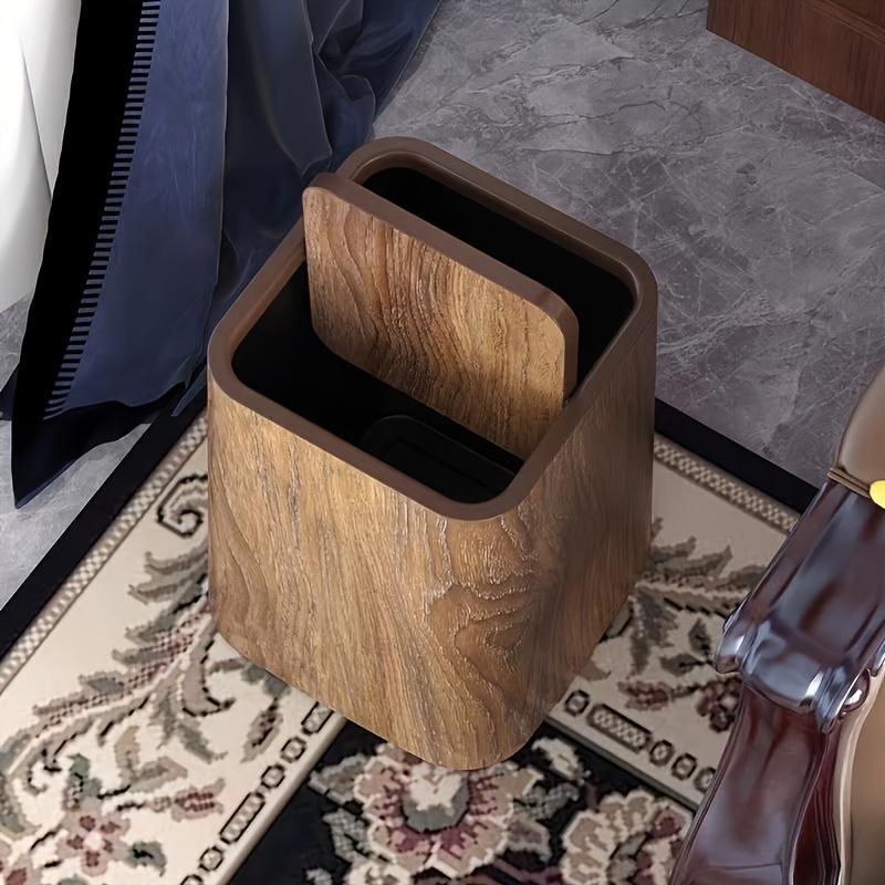 Oversized Retro Wood Grain Trash Can With Odor-proof Seal And Rectangular Flap Suitable For Living Room, Kitchen, Bathroom And Hotel Use