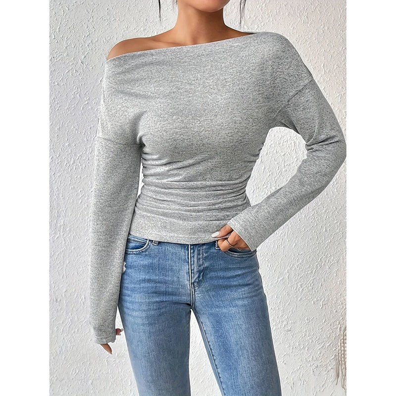 Women's Off The Shoulder Tops Long Sleeve T Shirts Going Out Tops Casual Trendy Ruched Slim Fitted Tees