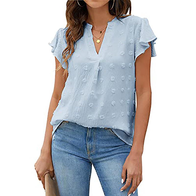 Women's Summer V Neck Ruffle Short Sleeve Blouse Business Office Casual Top Shirts