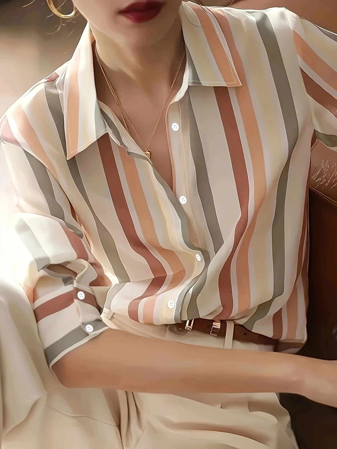 Ladies' Long-sleeved Striped Printed Versatile Casual Shirt