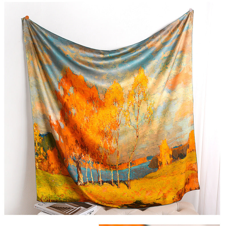 Oil Painting Autumn Thick Silk Big Square Scarf