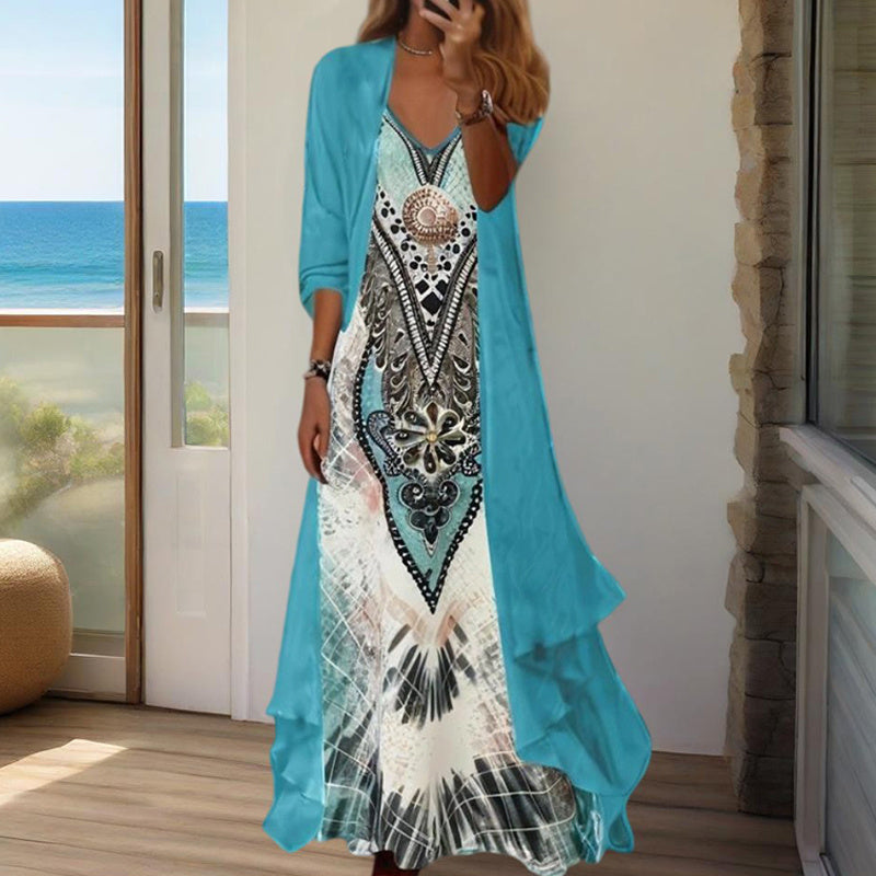 Women's Long Sleeve V-Neck Print Loose Two-Piece Dress Casual Elegant Spring&Autumn Outfit