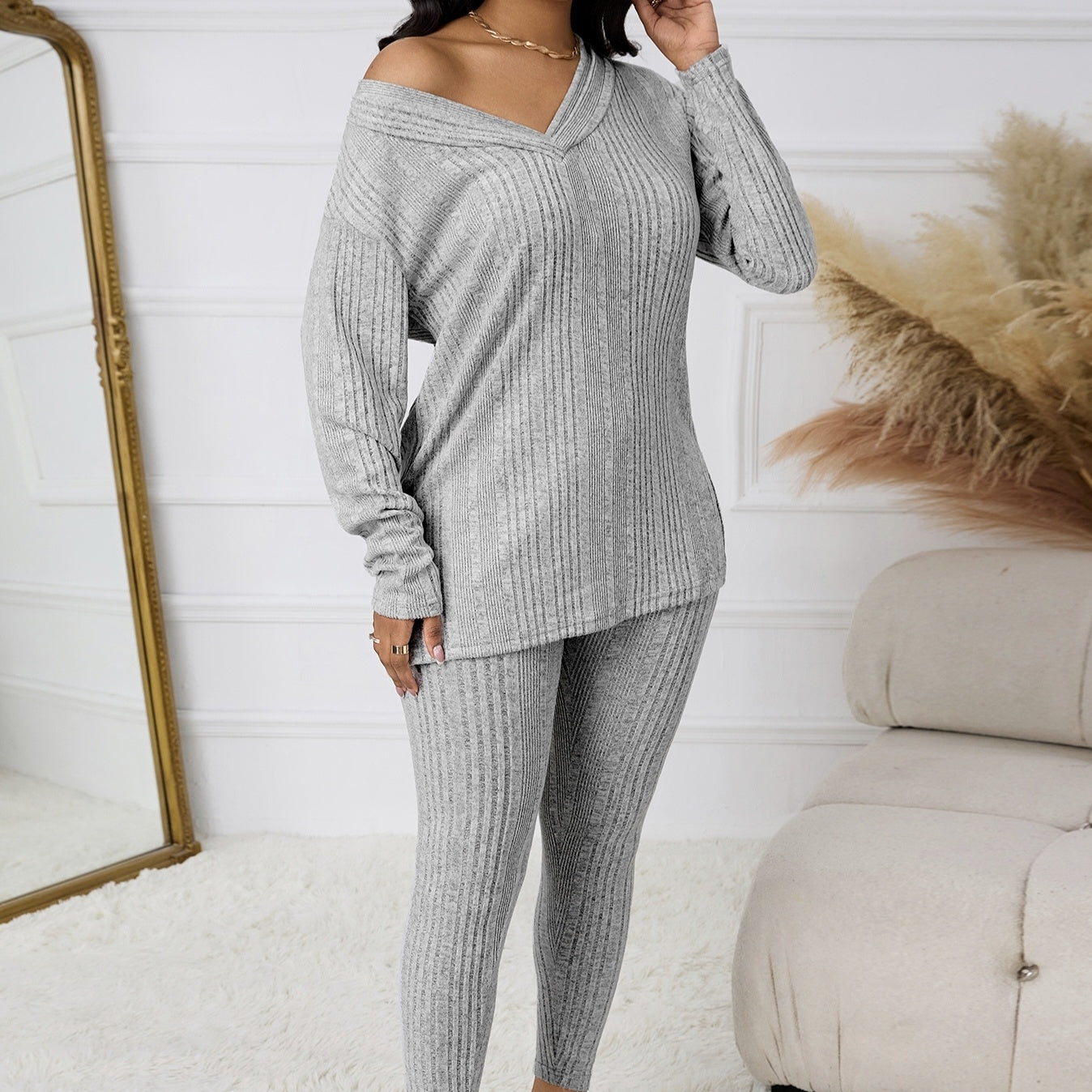 Women's Knitted V-neck Top With Split Hem Details, Versatile Two-piece Set