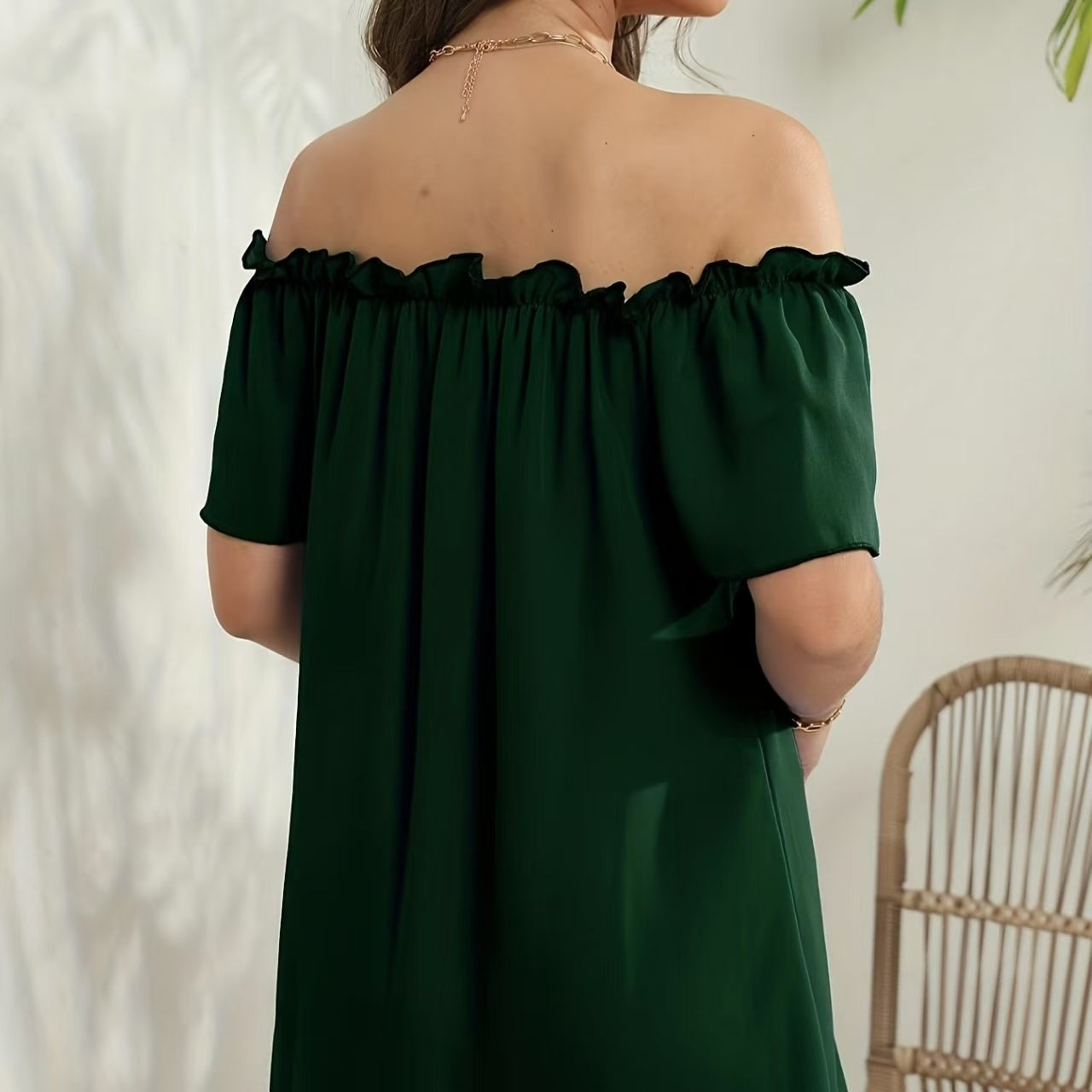 Women's Solid Color Off Shoulder Pleated Decorative Dress, One Shoulder Casual Dress
