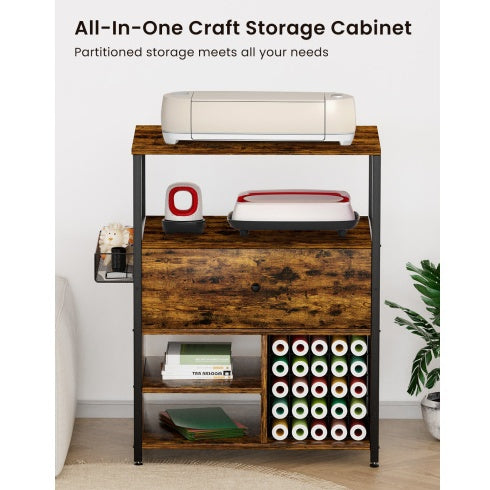 Craft Organization And Storage Cabinet Compatible With Cricut Machines, Crafting Cabinet With Drawer & 25 Vinyl Roll Holder, Craft Table Desk Workstation For Craft Room Home.Rustic Brown.