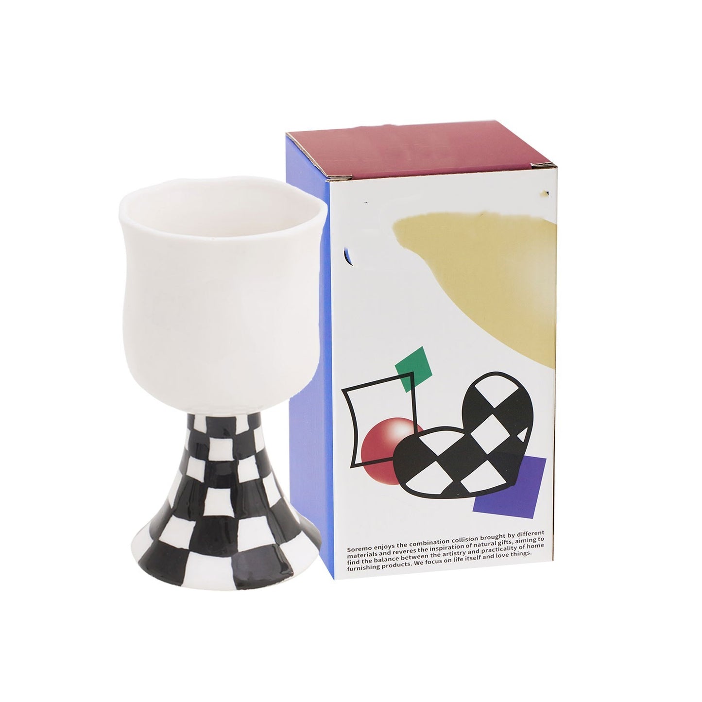 Original Hand-kneaded Tall Checkerboard Grid Ceramic Wine Glass