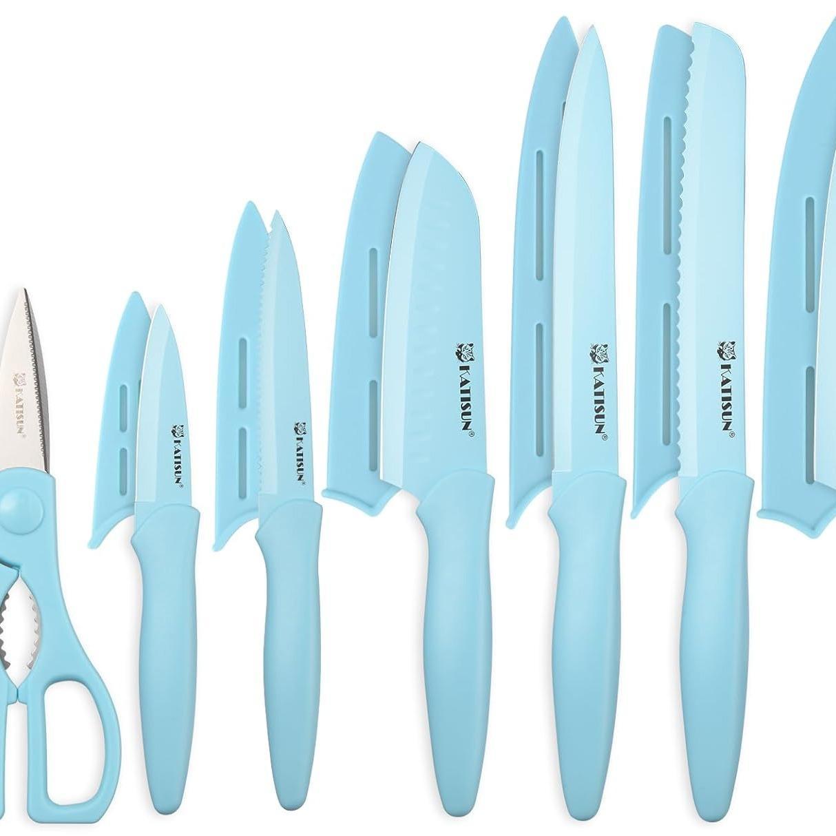 13-piece Pink Non-stick Coated Kitchen Knife Set In A Box Rust-resistant And Dishwasher-safe Includes 6 Knives With Knife Sheath And Kitchen Scissors