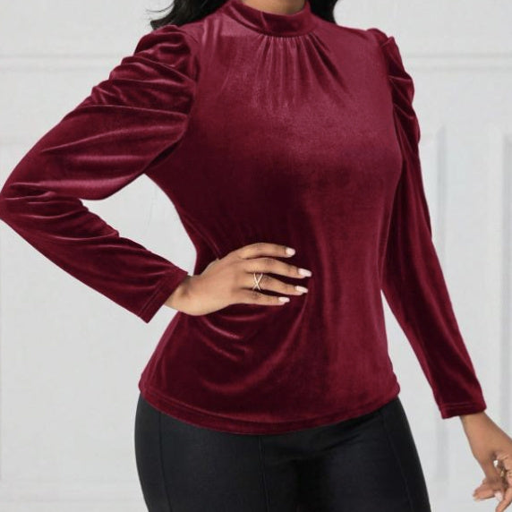 Women's Solid Color Round Neck Bubble Sleeve Slim Fit T-shirt