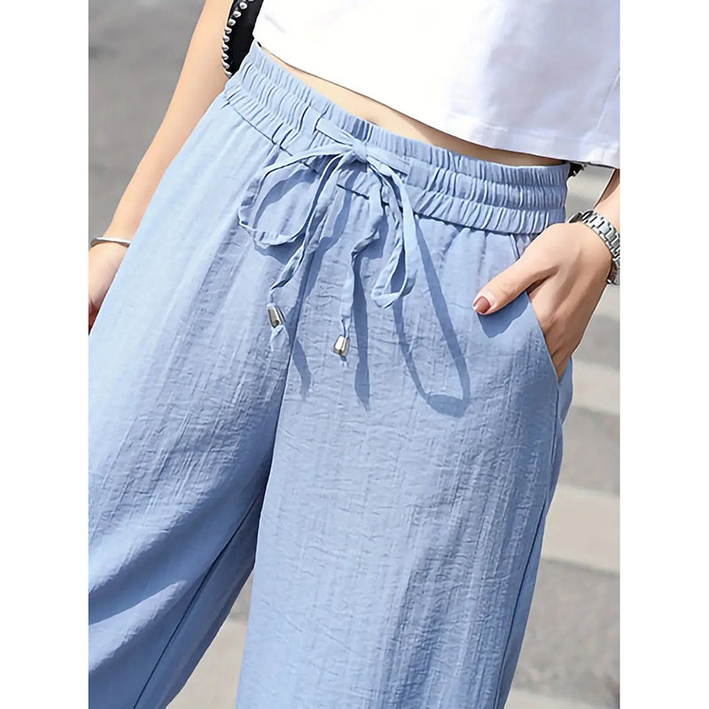 Women's Casual Pants Drawstring Elastic Waist Pants Flowy Wide Leg Trousers With Pockets