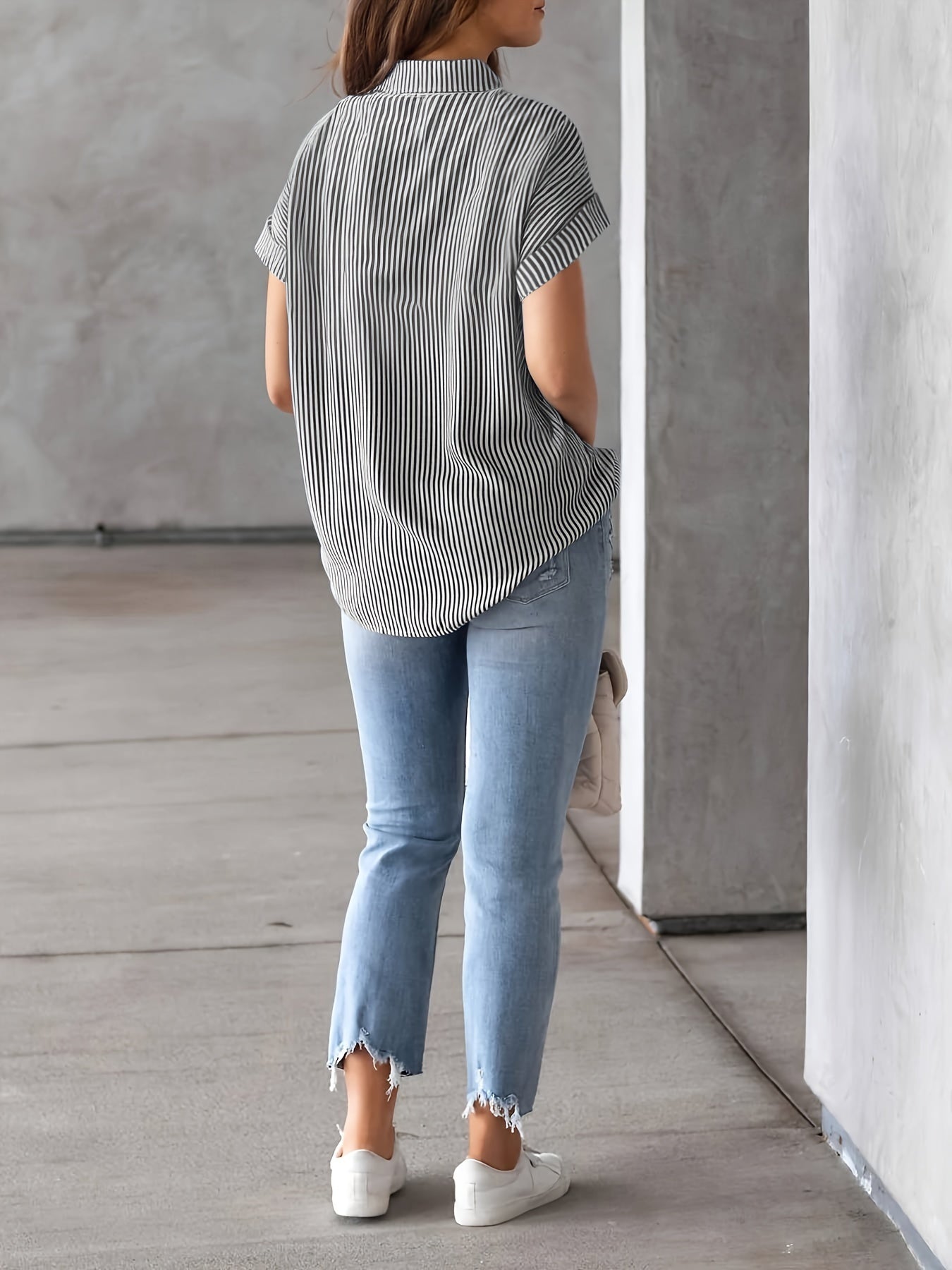 Vertical Striped Button Front Shirt, Stylish Short Sleeve Shirt For Spring & Summer, Women's Clothing