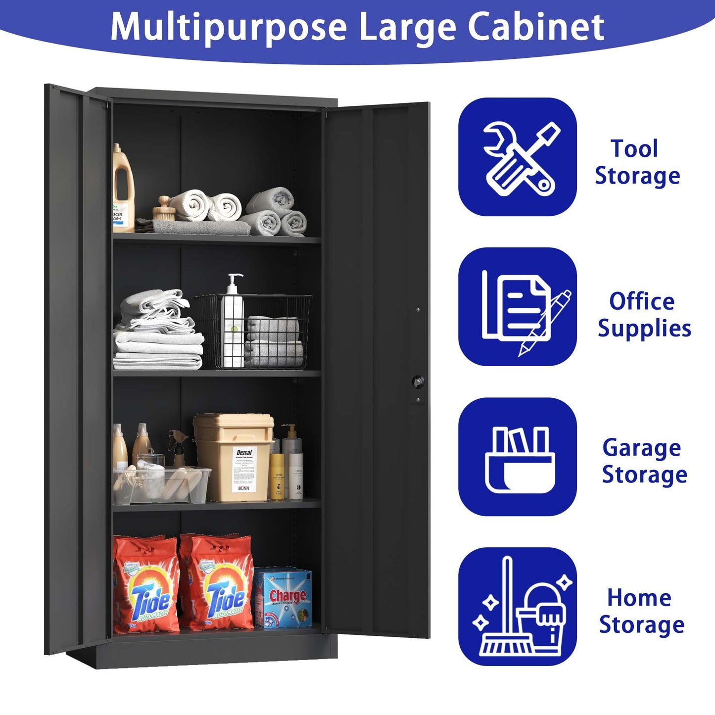 Metal Garage Storage Cabinet, Black Tool Steel Locking Cabinet With Doors And 3 Shelves, Tall Cabinets For Garage Storage Systems Lockable File Cabinet For Home Office, Classroom Pantry
