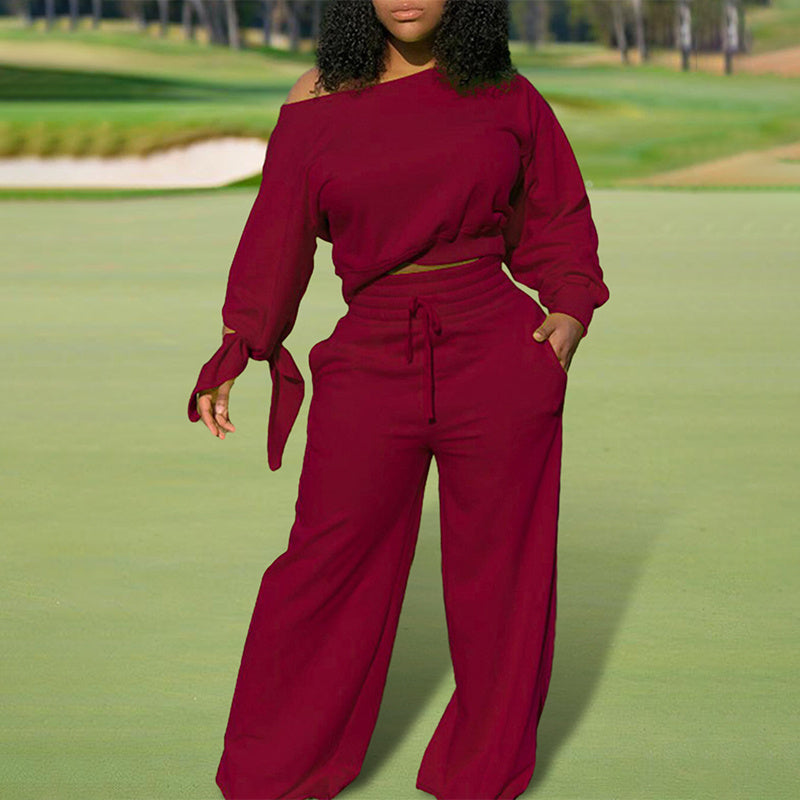 Women's One-Shoulder Casual Set - Solid Color Long Sleeve Top & Elastic Waist Pants With Drawstring & Pockets For Spring & Fall