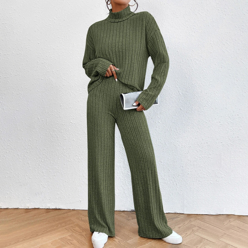 Women's Solid Color 2-Piece Set High Neck Long Sleeve Top & Pants, Striped Loungewear For Fall&Winter