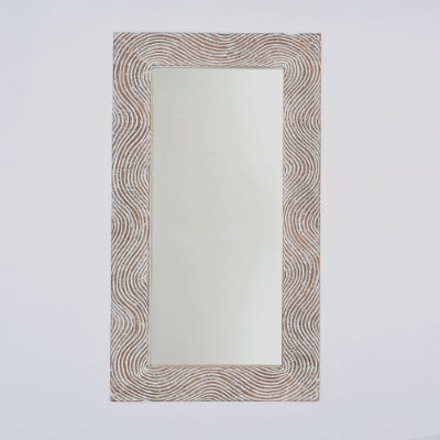 Rustic White Solid Wood Handcarved Wave Design Rectangle Mirror Accent-36 X 72