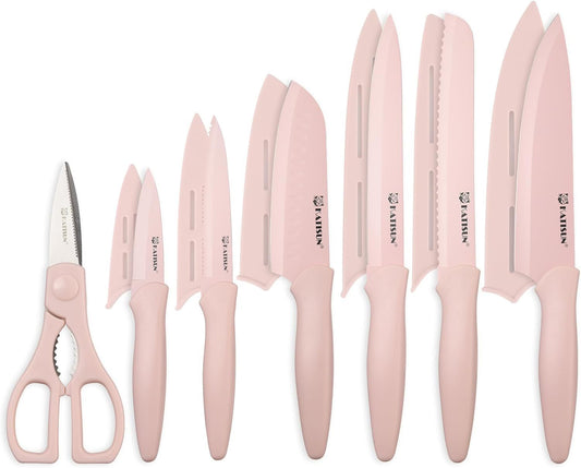 13-piece Pink Non-stick Coated Kitchen Knife Set In A Box Rust-resistant And Dishwasher-safe Includes 6 Knives With Knife Sheath And Kitchen Scissors