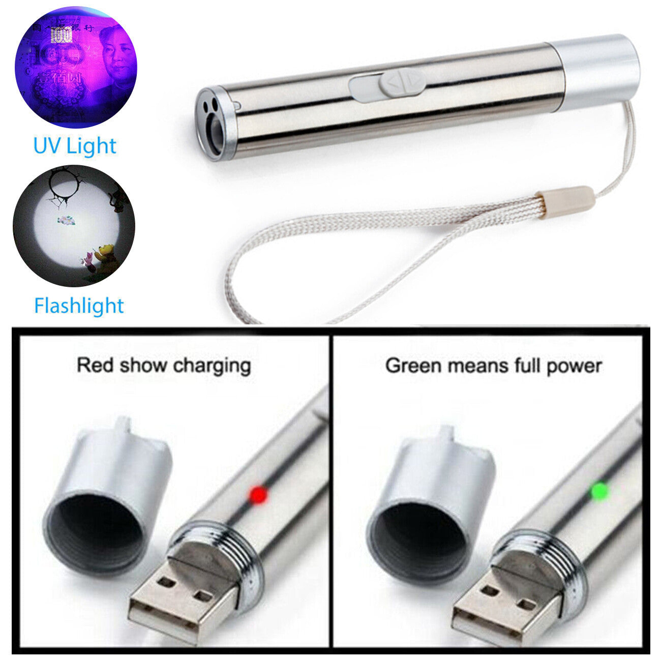 Red Laser Pointer Pen USB Rechargeable LED Light 3 In 1 UV Flashlight Cat Dog Toys