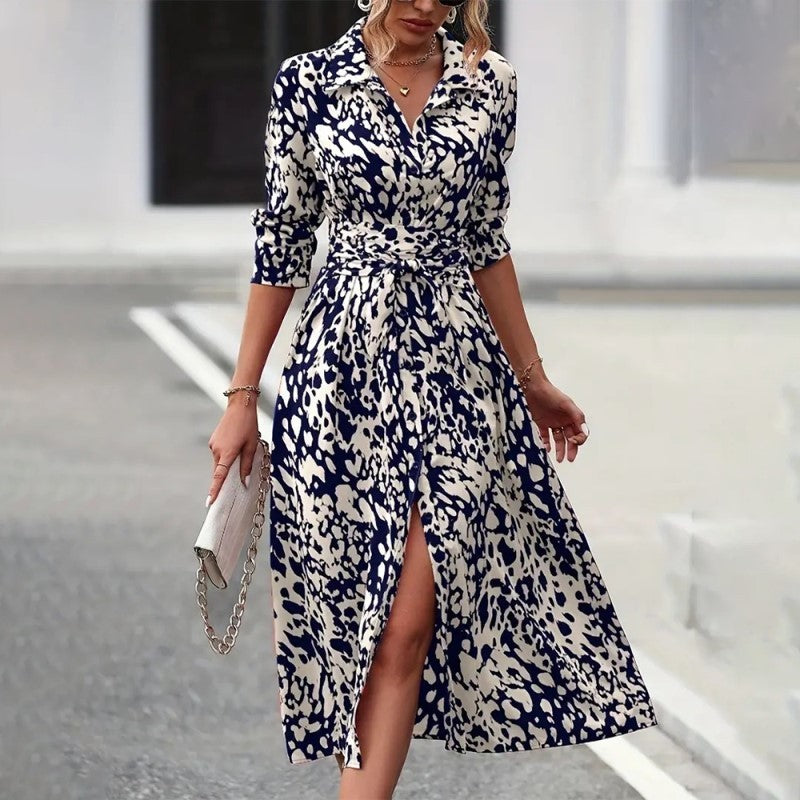 Women's Elegant V-Neck Belted Slit Dress With Leopard Print & Button Details Comfortable Spring & Fall Blend