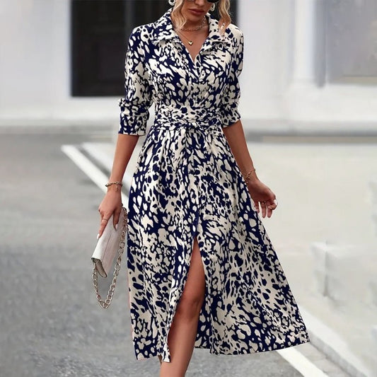 Women's Elegant V-Neck Belted Slit Dress With Leopard Print & Button Details Comfortable Spring & Fall Blend