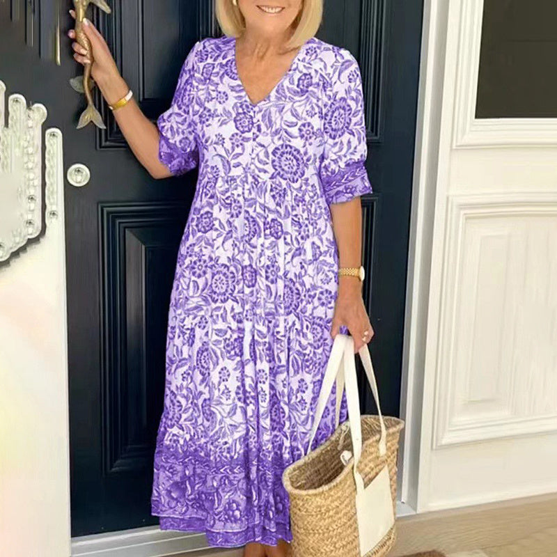 Women's Plus Size V-Neck Floral Print Dress - Loose Fit Casual Spring Summer Dress