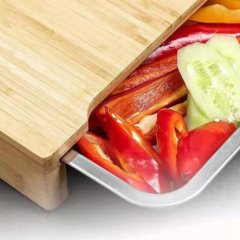 Bamboo Wooden Chopping Board Cutting Slicing  Sliding Stainless Steel Tray
