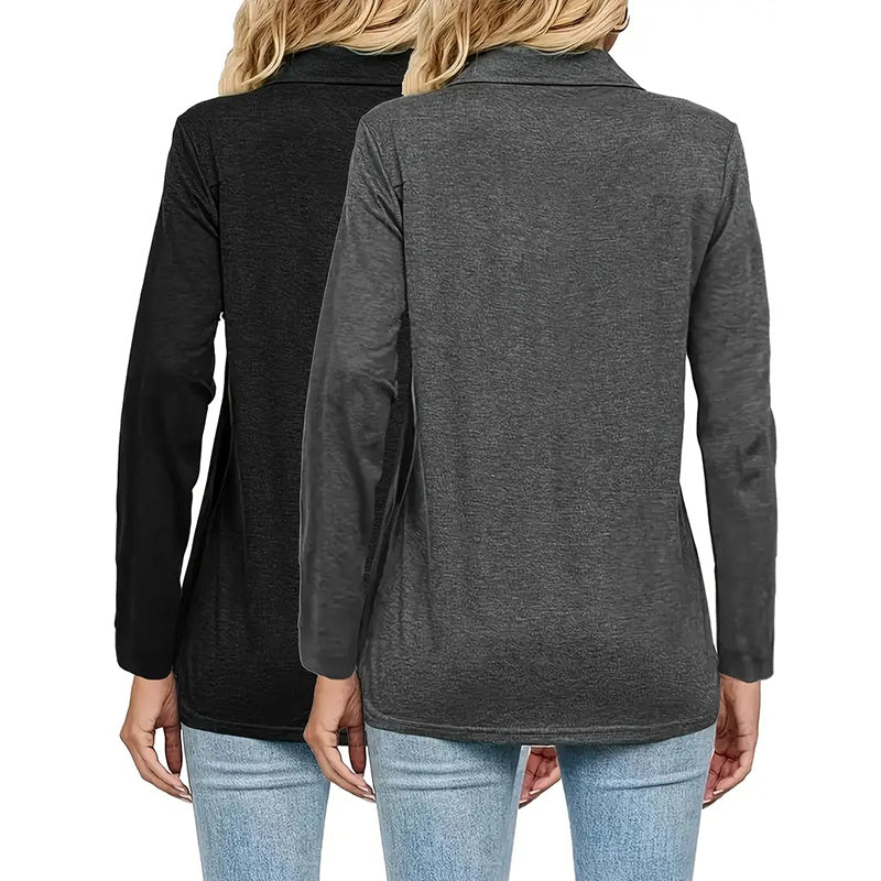 2 Packs Womens Polo Shirts Long Sleeve Business Casual Tops Collared V Neck Basic Tees Blouse