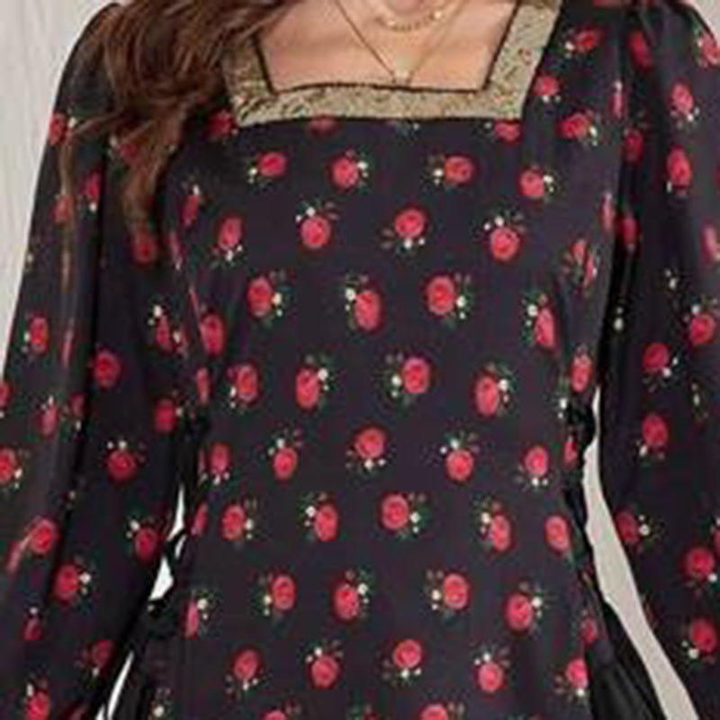 Women's Elegant Floral Print Square Neck Dress With Puff Sleeves & Cinched Waist, Summer Bohemian Dress