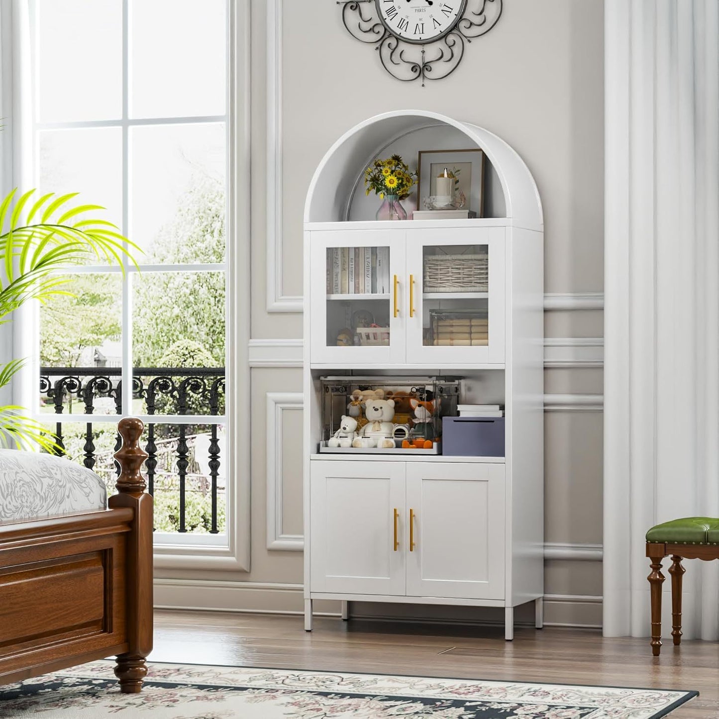 73 In Tall Metal Arched Cabinet, Kitchen Pantry Cabinet With Glass Door, Modern Farmhouse Arched Bookcase With 2 Adjustable Shelves For Living Room, White, Assembly Required