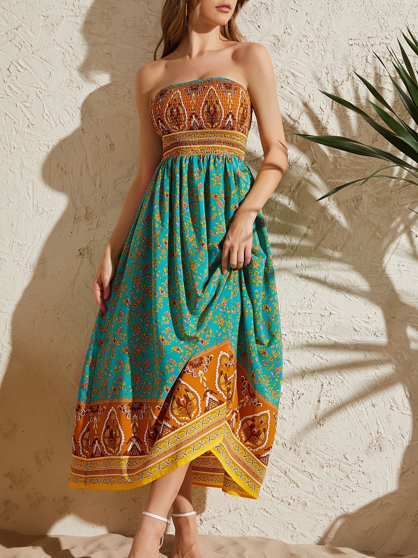 Women's Sexy Strapless Printed Dress - Elegant Off-Shoulder Maxi Vacation Dress