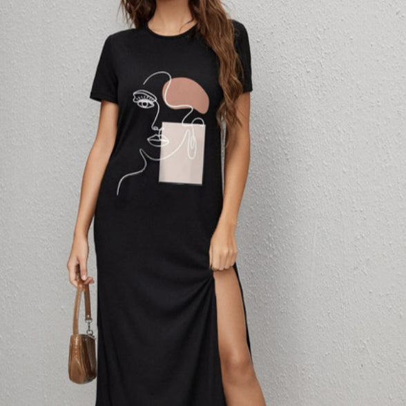 Women's Face Printed Round Neck Side Slit Dress