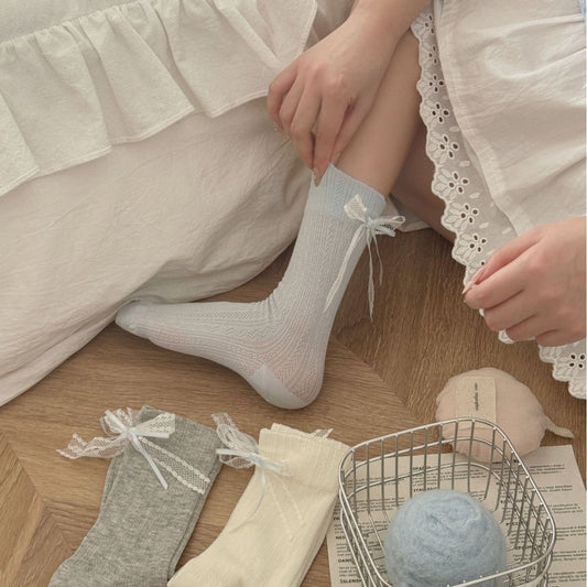 Summer Thin Boneless Ballet Style Ins Japanese Girl Lace Bow Ribbon Socks Women's Mid Tube Stockings