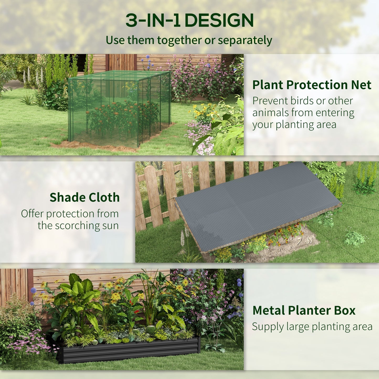 Galvanized Steel Planter Box With Crop Cage And Shade Cloth, Raised Garden Bed For Flowers, Veggies And Herbs, Gray