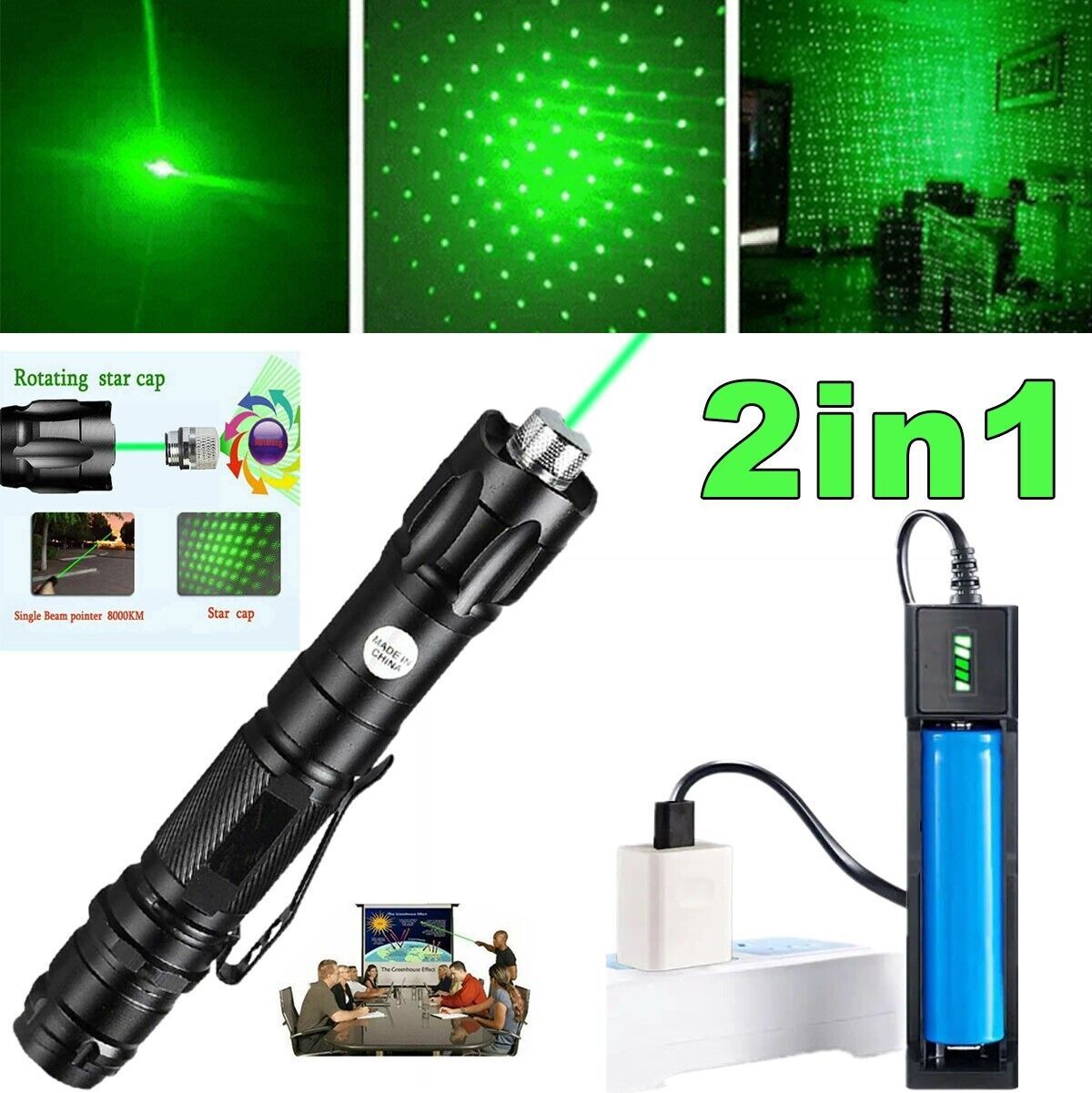 USB Rechargeable Green Laser Pointer Pen Visible Beam LED Flashlight Torch Lazer