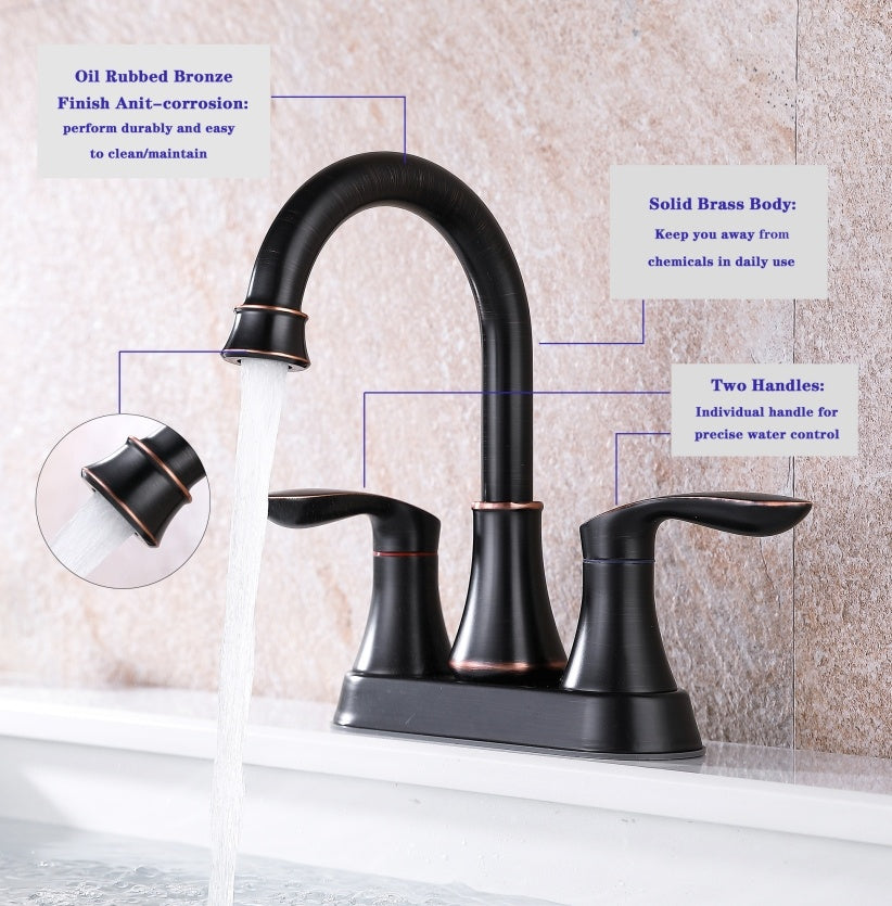 2-Handle 4-Inch Oil Rubbed Bronze Bathroom Faucet, Bathroom Vanity Sink Faucets With Pop-up Drain And Supply Hoses