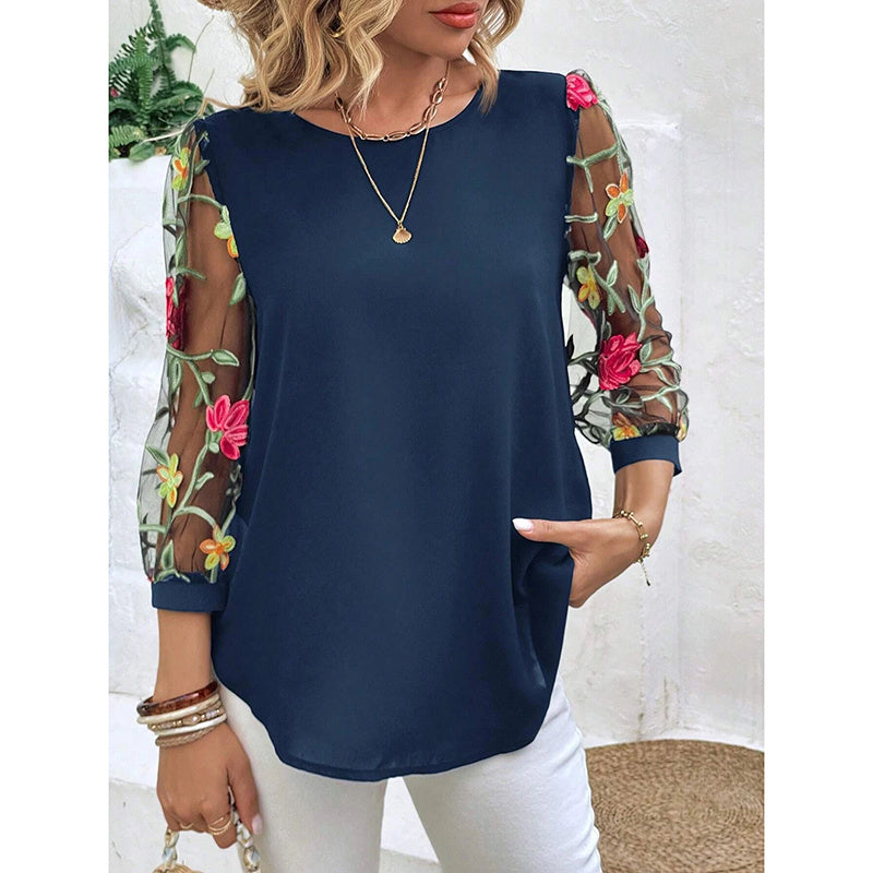 Women's Floral Embroidery Contrast Mesh Puff Sleeve Crew Neck Tee Shirt Tops