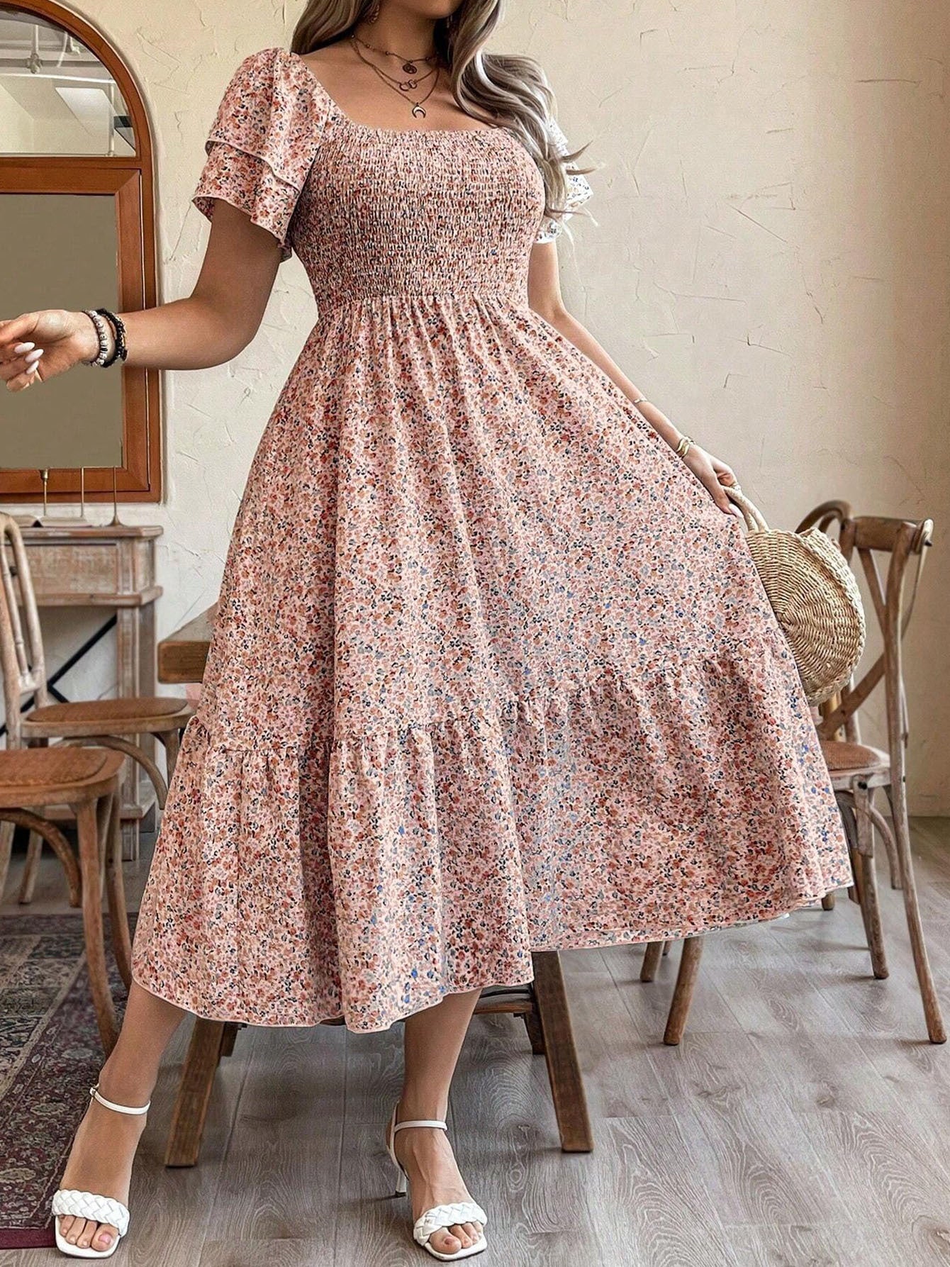 Women's Plus Size Backless Midi Dress For Summer Party - Elegant Pleated Printed Dress