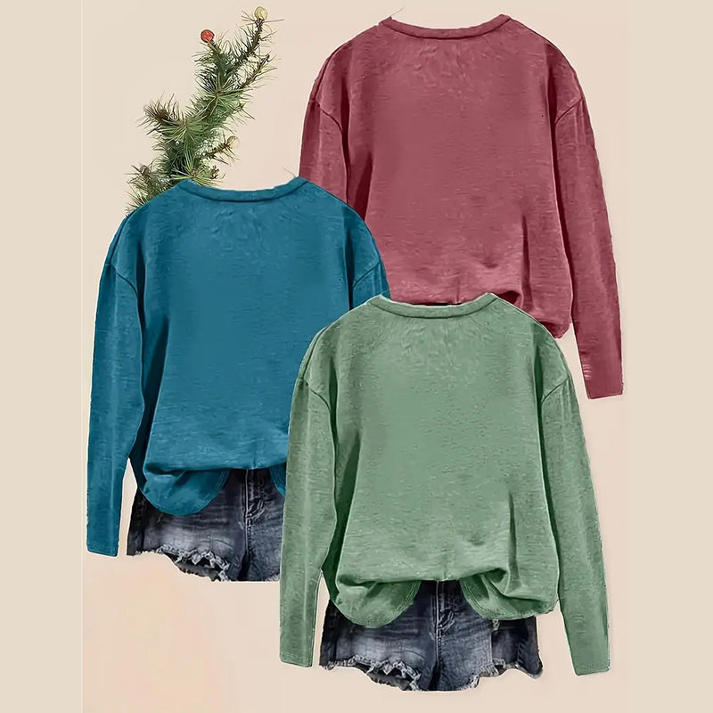 3 Pack Women's Solid Color Casual Set Round Neck Long Sleeve Tops For Spring&Fall