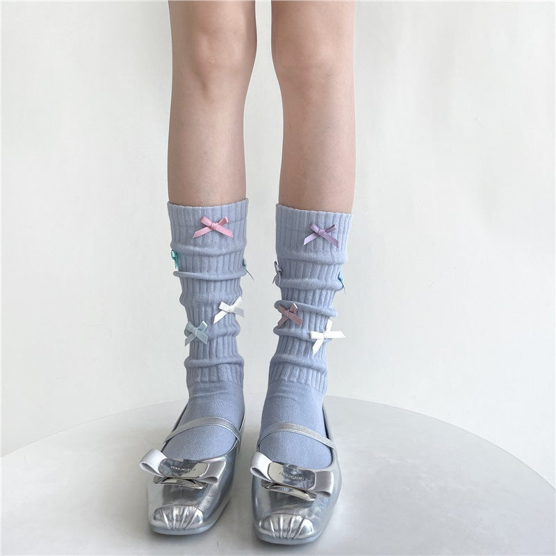 Candy-colored Bow Pile Style Calf Socks Women's Handmade Tube Socks