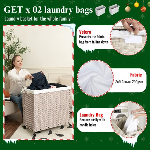 Laundry Hamper With Lid PE Rattan Powder Coating Frame Clothes Hampers With 02 Removable Bags, Wheels, 160L, Gray Color