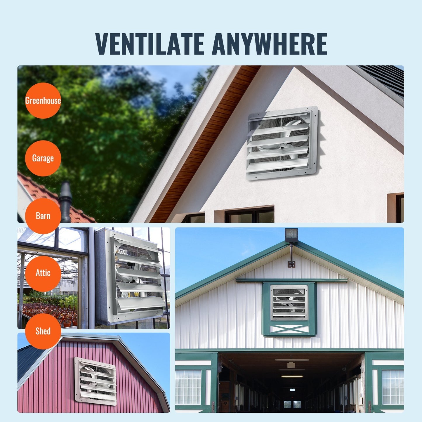 24 Shutter Exhaust Fan, High-speed 3320 CFM, Aluminum Wall Mount Attic Fan With AC-motor, Ventilation And Cooling For Greenhouses, Garages, Sheds, Shops, FCC