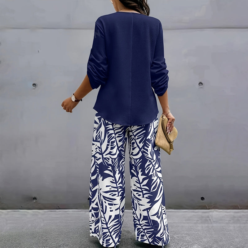 Women's Spring&Summer Elegant Long Sleeve Top & Leaf Print Pants Set - Solid V-Neck Blouse With Button Detail Flowy Trousers