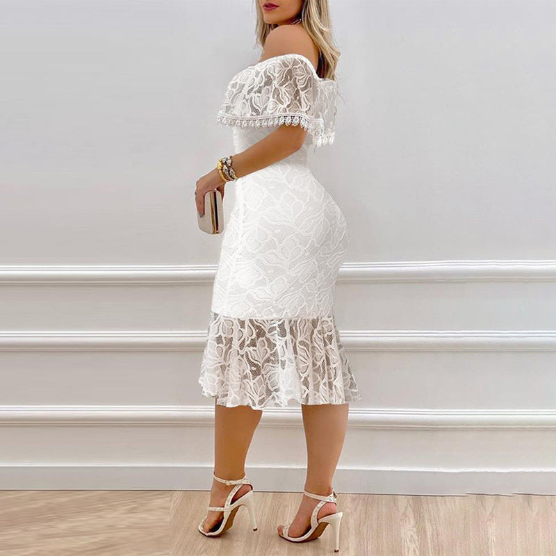 Women's Elegant Off-Shoulder Lace Bodycon Dress With Lace Panels For Casual & Formal Occasions