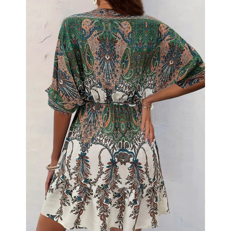 Women's Bohemian Dress V Neck Front Tie Short Sleeve Floral A Line Beach Boho Flowy Tunic Dress
