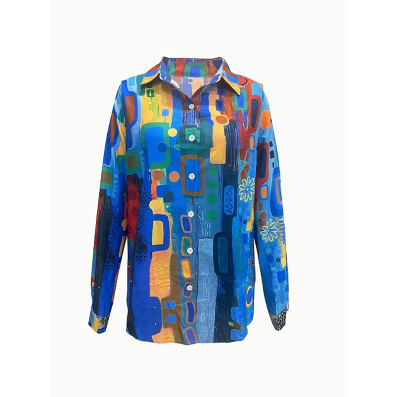 Women's Lapel Collar Printed Long Sleeve Shirt - Vibrant Colorful Pattern Button-Up Blouse Stylish Spring&Summer Vacation Top