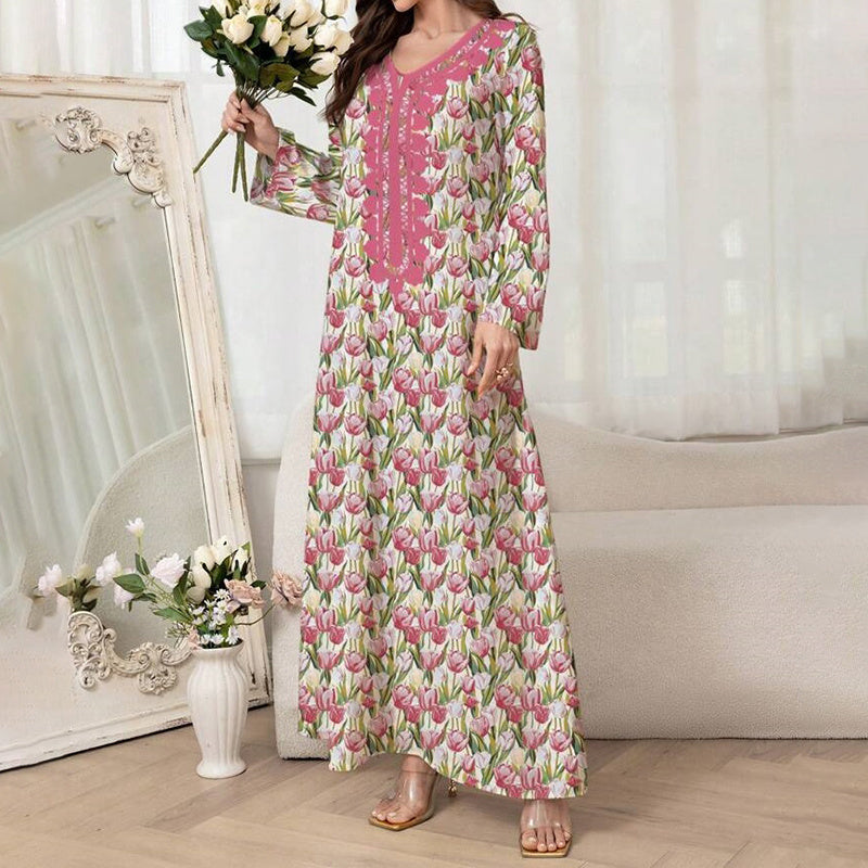 Women's Elegant Pink Floral Print Maxi Dress Vacation Style Long Sleeve A-line Flowy Dress