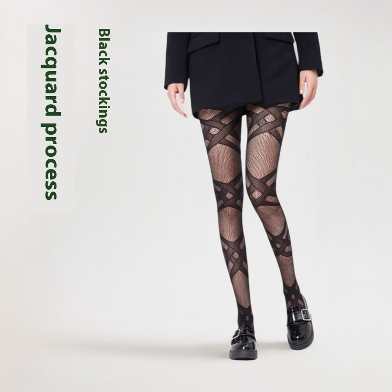 Striped Pantyhose Jacquard Mesh Stockings Women's Black Stockings