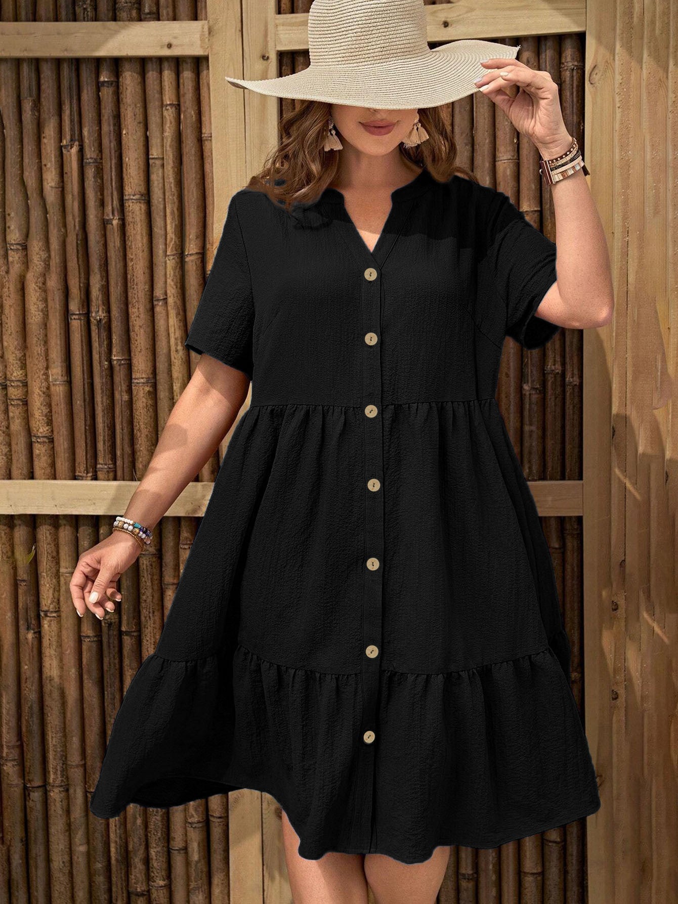 Women's Plus Size Buttoned Dress - Summer Casual V-Neck Short Sleeve Midi Dress