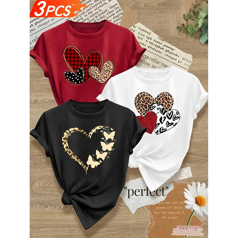 3PCS Women's Love Heart Leopard Graphic Print Tee Short Sleeve Crew Neck T Shirt Casual Summer Tops