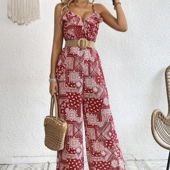 Ladies' Printed Ruffle Edge Decoration Waistless Camisole Jumpsuit