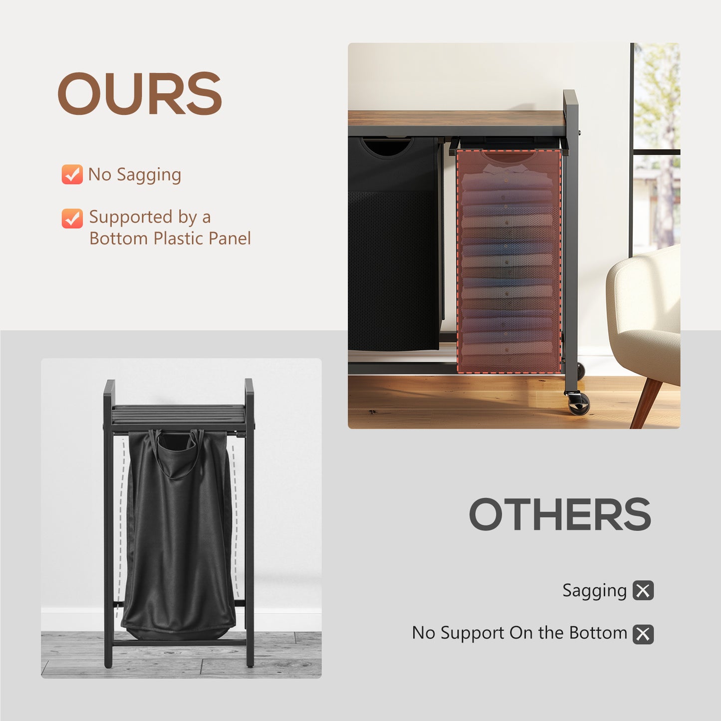 Laundry Hamper With 3 Pull-Out Removable Laundry Bags Clothing Sorter With Shelf And Wheels Adjustable Feet, 3 X 8.6 Gallons