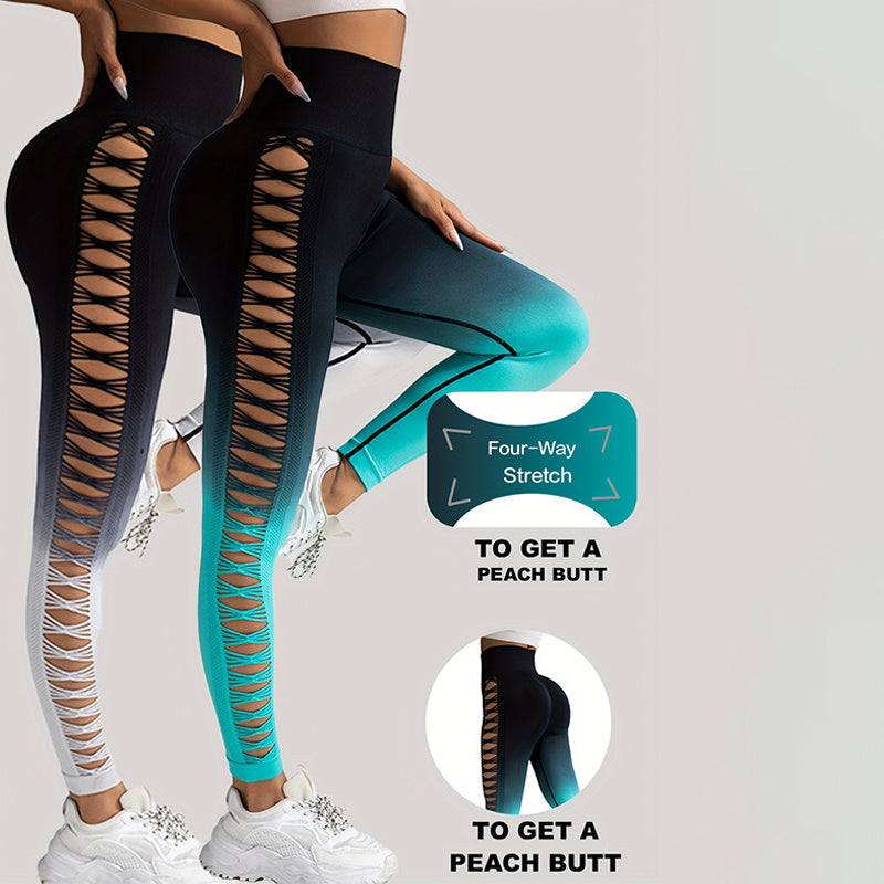 2 Pack Cut Out Ombre Gradient Color Hollow High-waist Butt-lifting Fitness Women's Yoga Pants, Women's High Waist Yoga Pants Cutout Ripped Super Soft And Comfortable Skinny